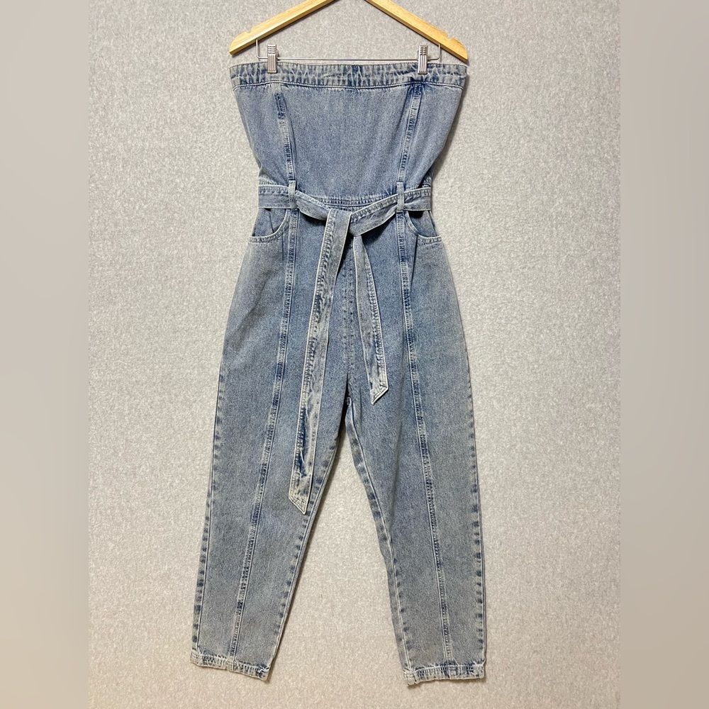 Kendall & Kylie Denim Strapless Jumpsuit Size Tie Large Belt Cropped Leg - Picture 3 of 13